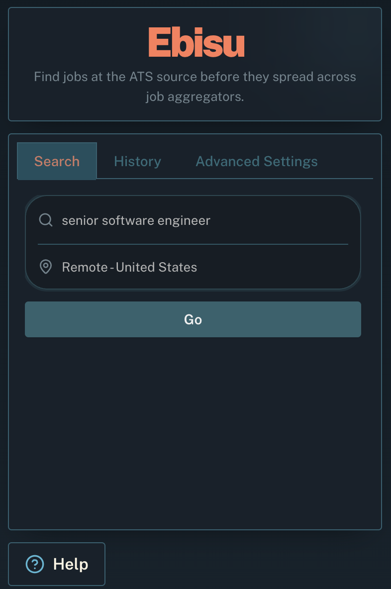 Ebisu popup with a senior software engineer search and remote United States selected
