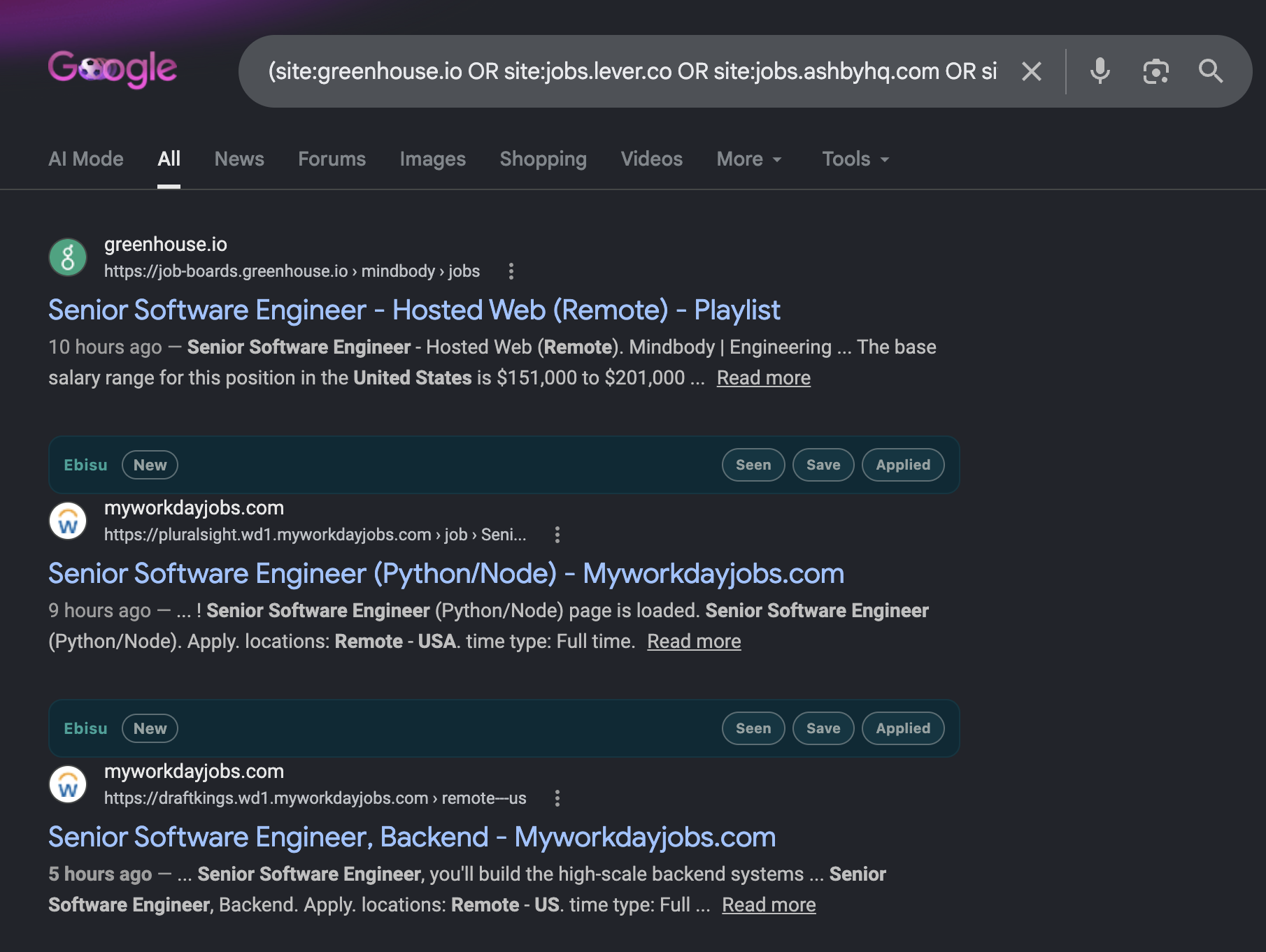 Google ATS-source search results with Ebisu controls on job listings