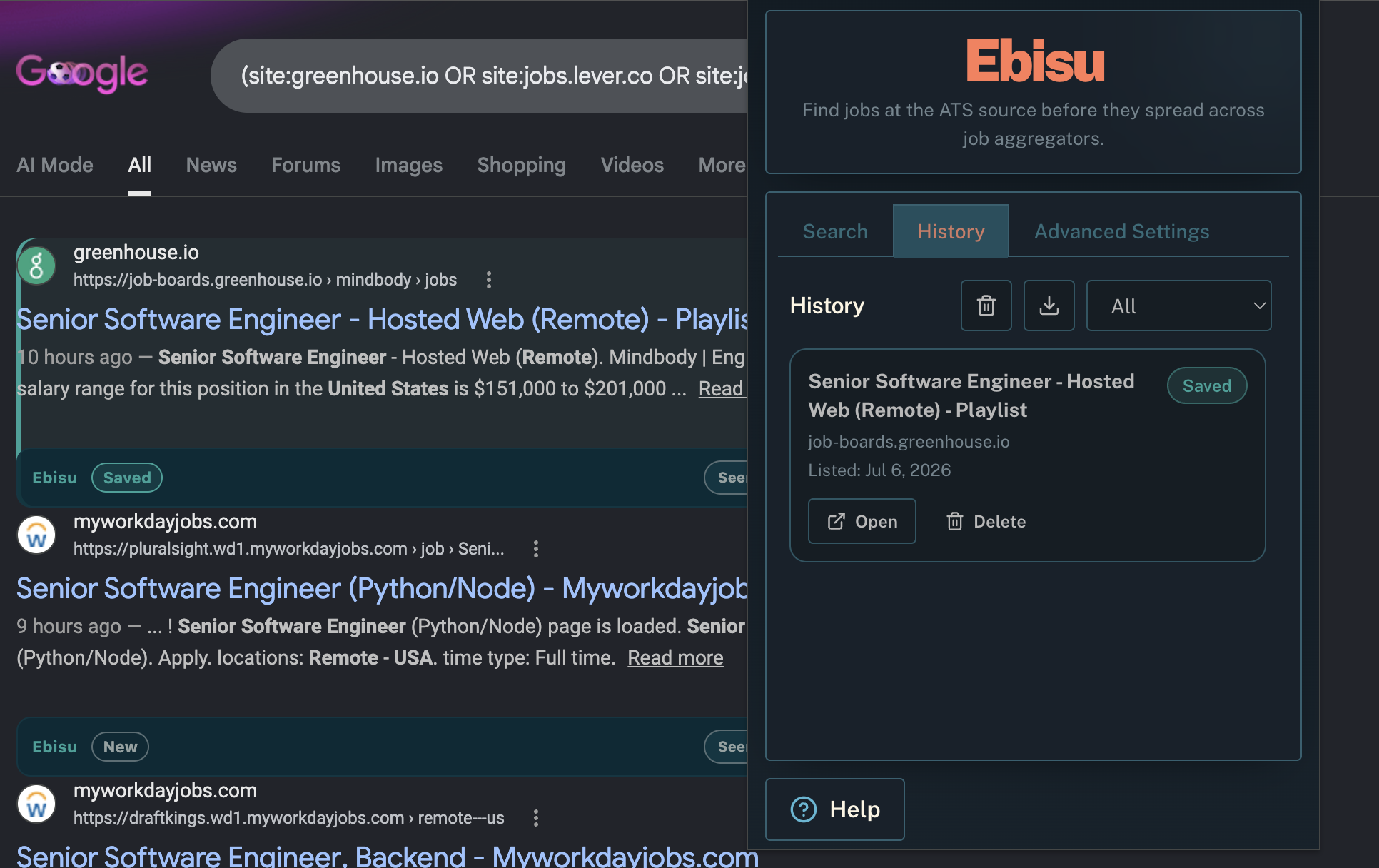 Ebisu History tab showing a saved senior software engineer role